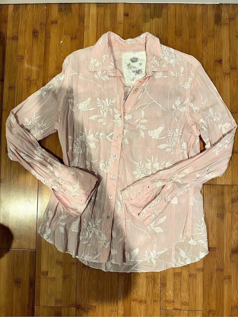 Cino Floral Embroidered Button Down Shirt - Light Pink - Size Medium